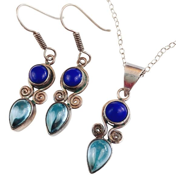 VTG Sterling Silver Pendant Necklace & Earrings Set, Topaz & Glass Stones, Y2K - Picture 1 of 12
